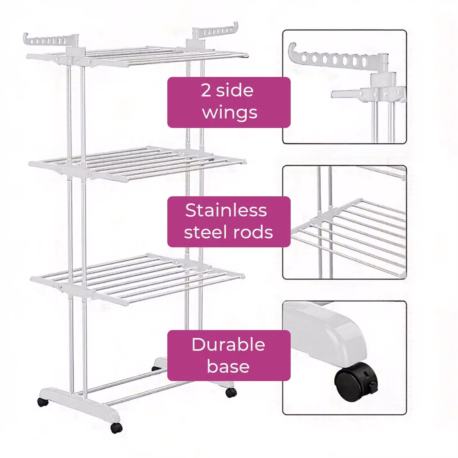 Neo White 4 Tier Folding Clothes Airer with Side Wings and Stainless Steel Stand – 4