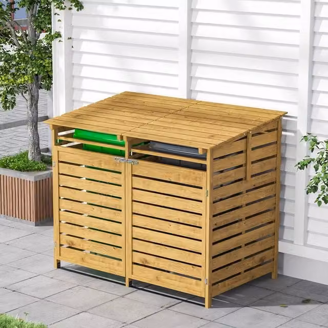 SPETLEK Natural Wood Double Bin Store Shed in Beige, W: 100 cm, D: 60 cm, H: 60 cm – 1