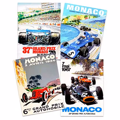 Artery8 Monaco Grand Prix Classic Racing Motor Sport Wall Art Poster Pack of 4, Multicolour