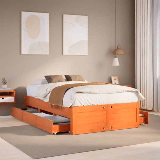 Berkfield Home Small Double Solid Wood Pine Bed Frame with Drawers, Wax Brown, W/D/H: 120 x 190 cm – 1