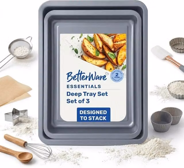 Storm Trading Group Essential Non-Stick Carbon Steel Deep Baking Tray Set, Silver, 6 Pieces (2 x 35 cm, 2 x 31 cm, 2 x 28 cm)