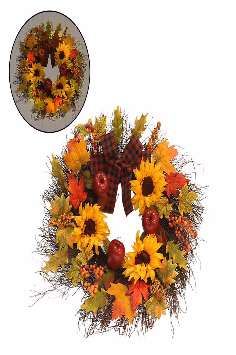 Garden Sanctuary Prelit Autumn Wreath with Artificial Maple Leaves and Sunflowers in Orange – 4