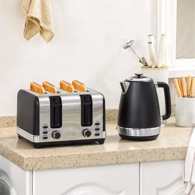 HOMCOM Black Stainless Steel Quick Boil 1.7L Kettle and 4 Slice Toaster Set with Crumb Tray