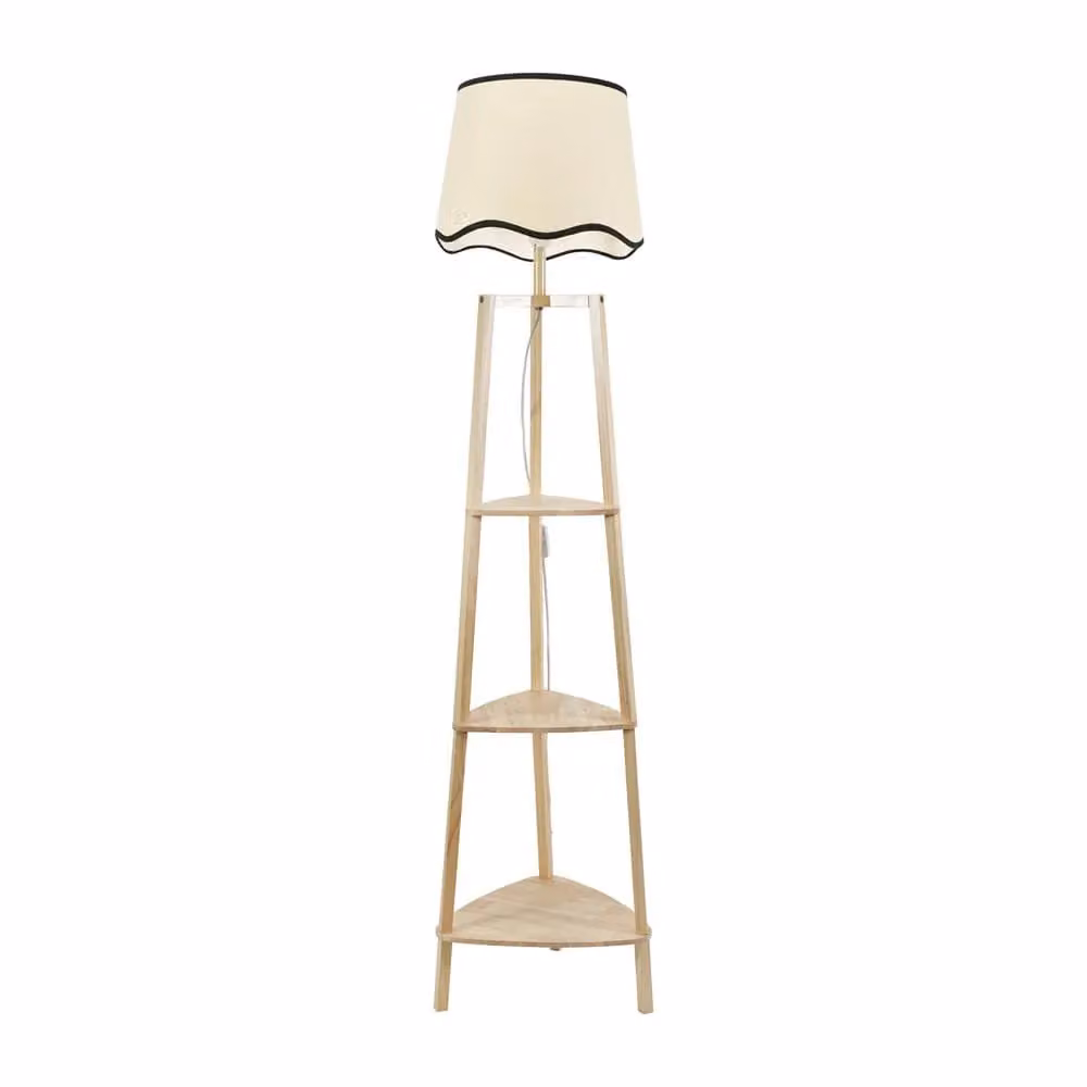 ValueLights Hiru Natural 3 Tier Wooden Shelf Floor Lamp with Black Scallop Edge Shade – 2