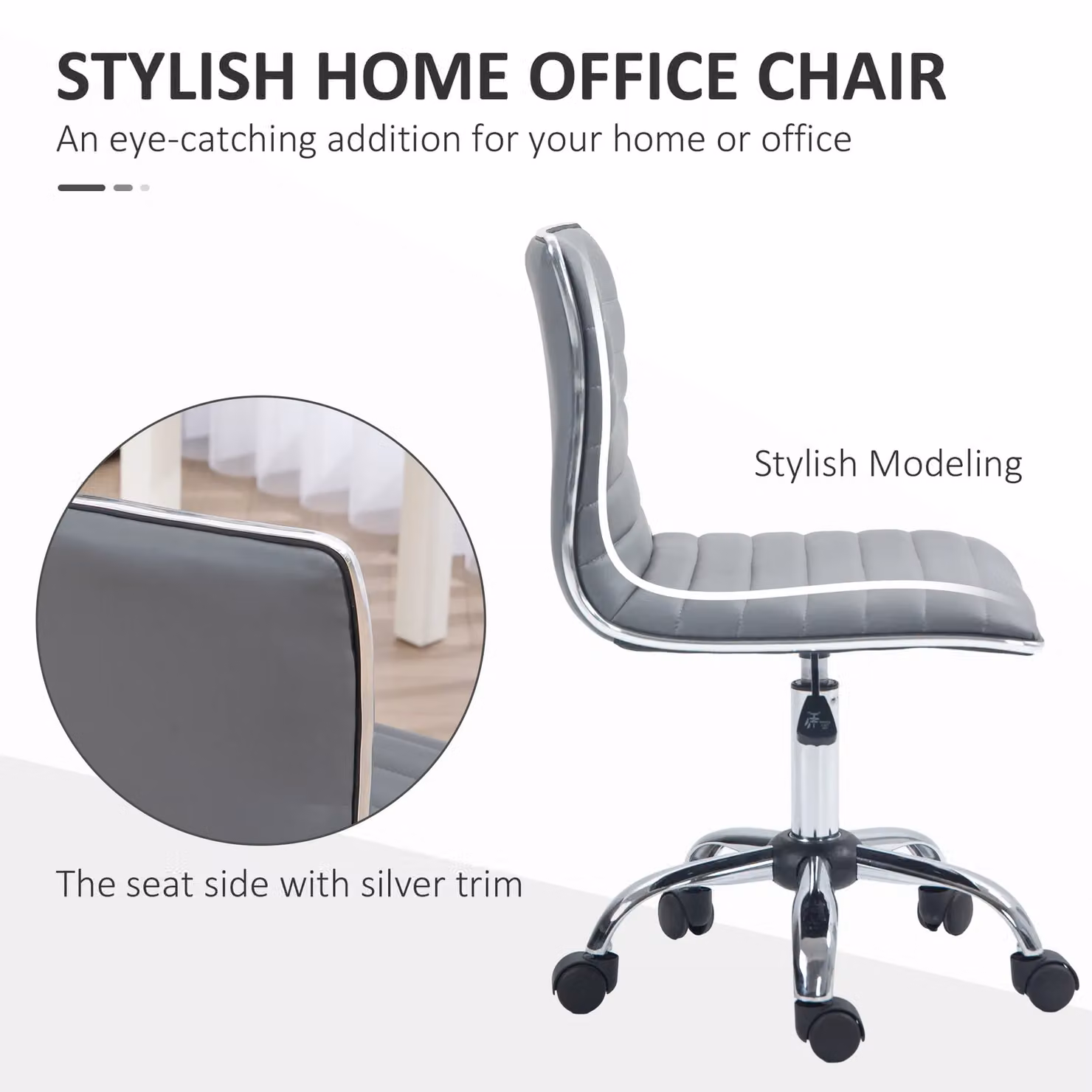 HOMCOM Armless Mid-Back Adjustable Task Chair with 360 Degree Swivel in Light Grey – 3