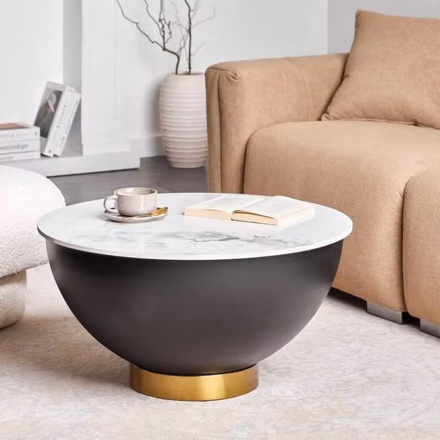 Wyld and Coco Round Coffee Table with Matt Sintered Stone Top and Metal Base, Diameter: 74 cm, Height: 37 cm