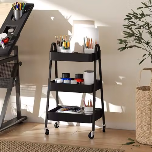 HOMCOM 3-Tier Metal Utility Storage Trolley with Wheels and Handles, Black – 4