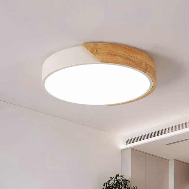 Goeco Round LED Wooden Ceiling Light, White, 30W, 4500K, Diameter: 30 cm