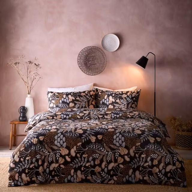 Portfolio Home Jephson Floral Duvet Cover and Pillowcase Set, Black, W: 140 cm, H: 200 cm