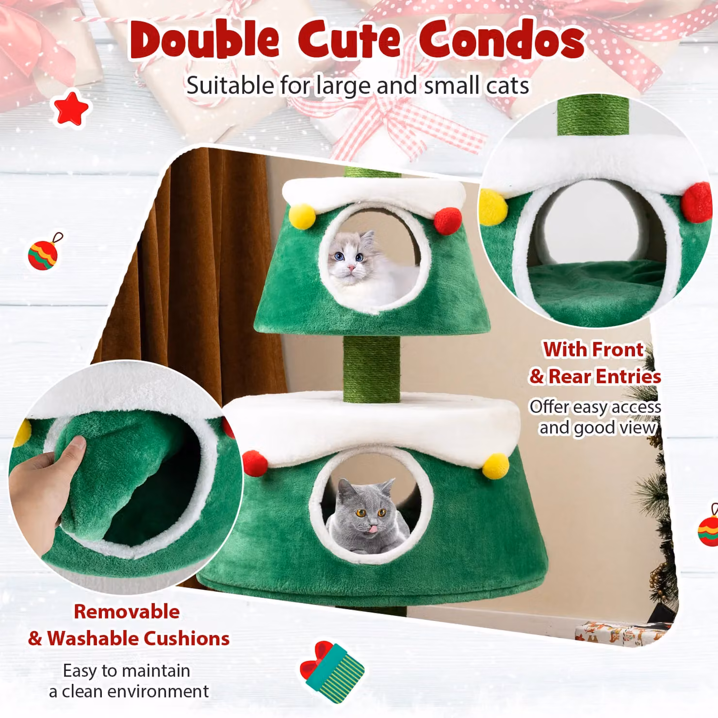 Costway Christmas Cat Tree with 2 Condos and Integrated Toys in Green – 4