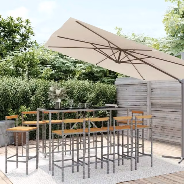 Berkfield Home 11 Piece Grey Poly Rattan and Solid Acacia Wood Garden Bar Set – 1