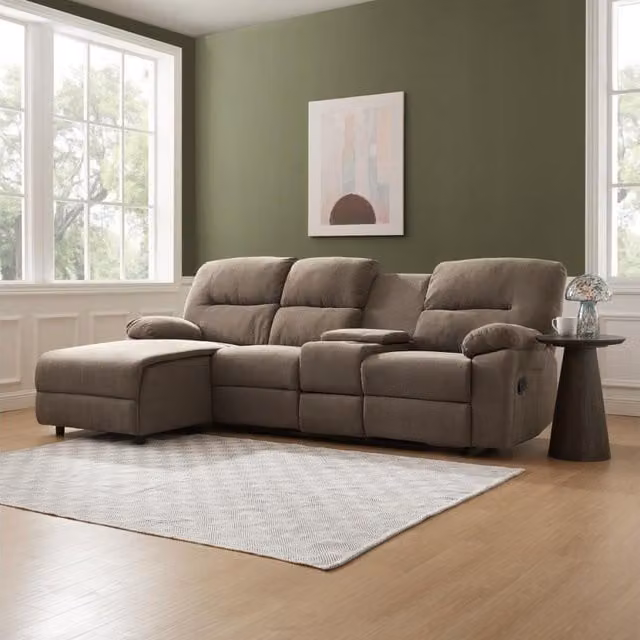 Home Detail Jacob 3 Seater Manual Recliner Sofa with Chaise in Brown Linen, Left-Facing L-Shape
