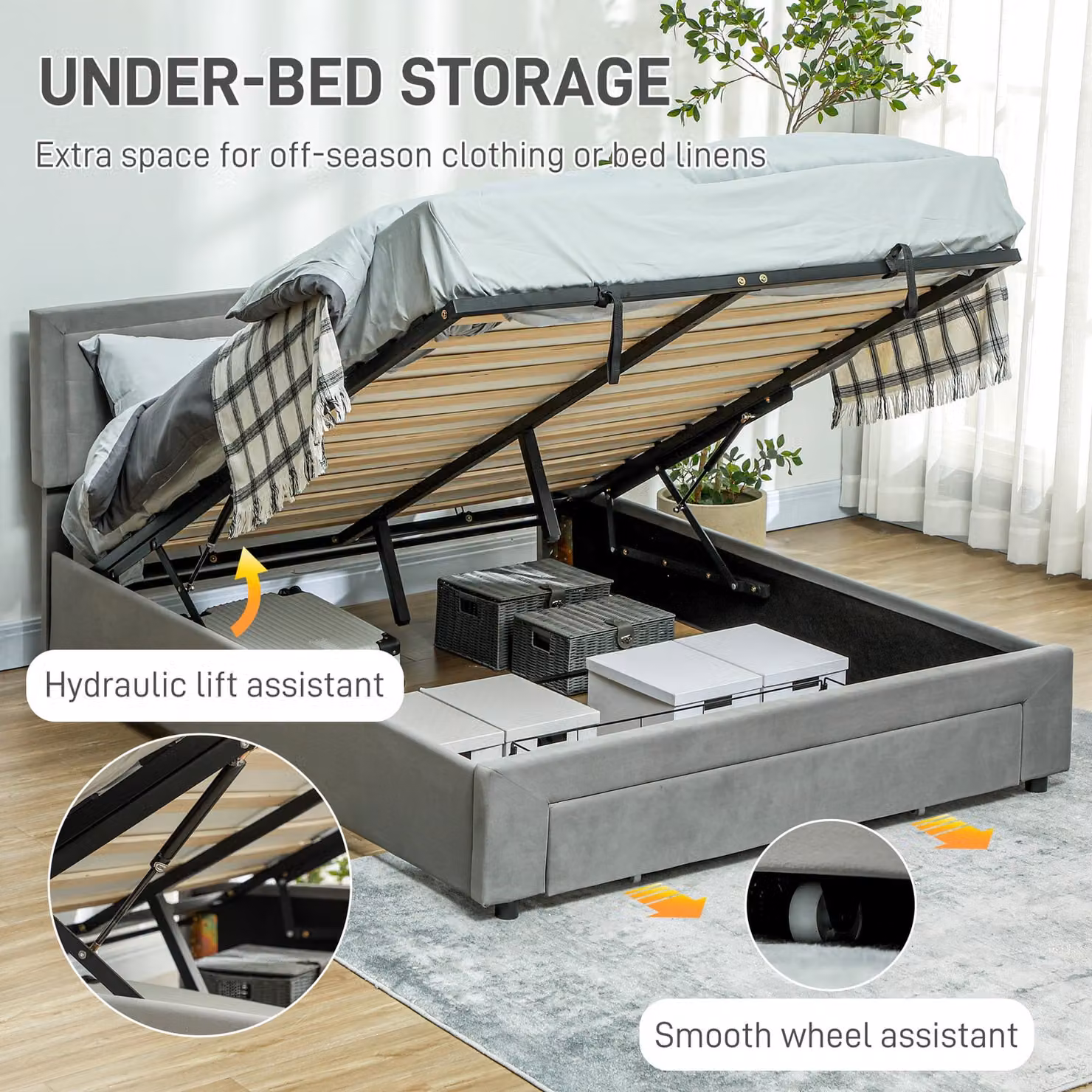 HOMCOM King Size Ottoman Bed Frame in Grey with Front Drawer and Adjustable Headboard, W/D/H: 180 x 203.5 x 157.5 cm – 3
