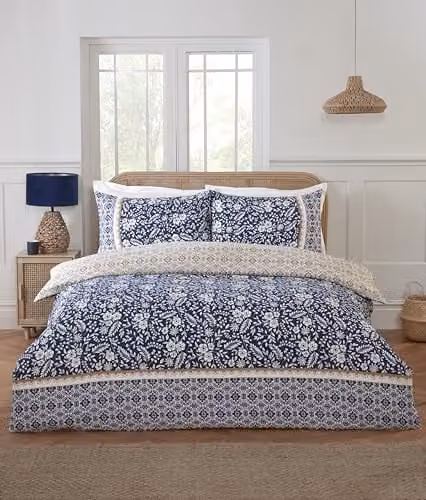 Rapport Home Eleanor Single Duvet Cover Set in Navy Blue and White with Floral Motif and Geometric Patterned Edge