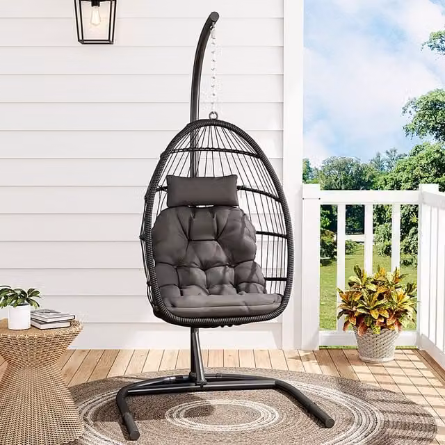 Lifeideas Black Foldable Single-Seater Egg Hanging Chair with Stand and Cushions