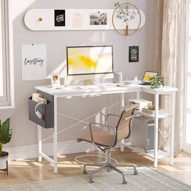 BEXEVUE White L-Shaped Gaming Desk with Reversible Shelving and Power Outlets, W/D/H: 100 x 70 x 75 cm