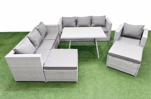 Fimous 9-Seater Patio Furniture Set with 3-Seater Sofa, Armchairs and 2 Large Stools in Light Grey