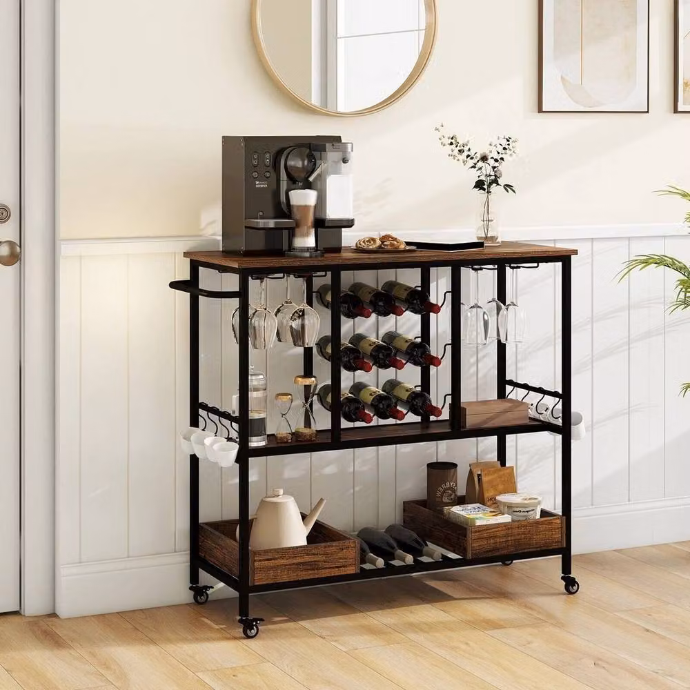 VOGREX Industrial 3-Tier Rolling Bar Serving Cart in Brown with Metal and Glass Finish – 3