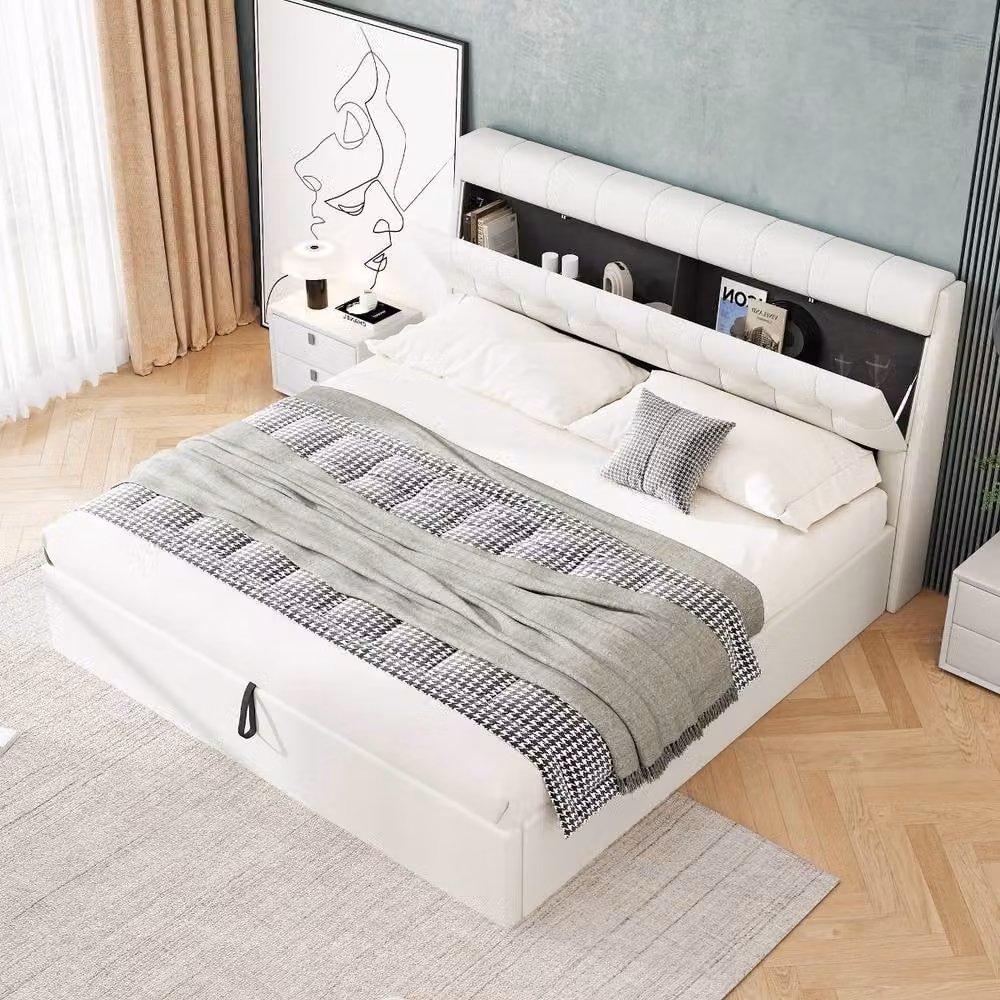 Rolipo Upholstered Double Bed with Lift Up Base in Beige and White, W/D/H: 150 x 200 cm – 5