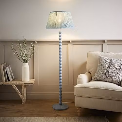 ValueLights Bobbins Floor Lamp with Blue Leaf Pleated Fabric Shade and Wood Base, H 150 cm x W 45 cm x D 45 cm – 2