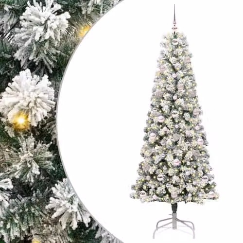 vidaXL Artificial Hinged Christmas Tree in Green and White, Height: 180 cm