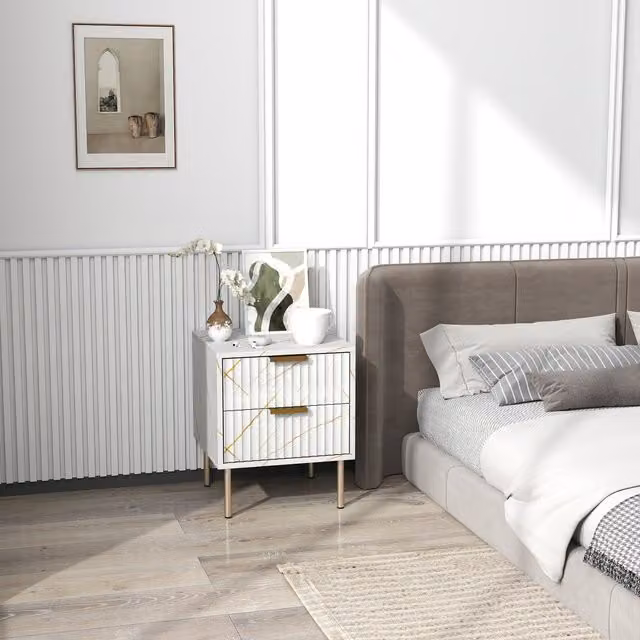 HOMCOM White Marble Pattern Bedside Table with 2 Drawers