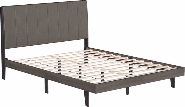 Costway Upholstered Bed Frame with Wooden Slats Support in Grey, 150 x 200 cm