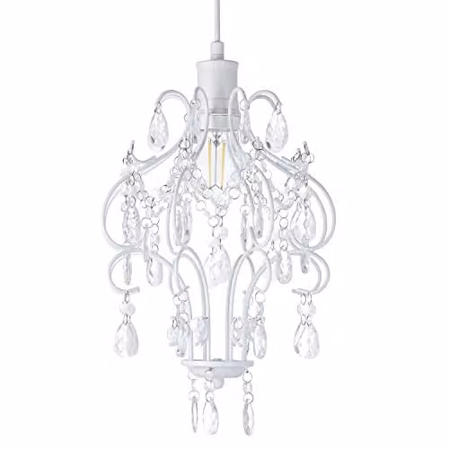 Happy Homewares Shabby Chic Chandelier Style Pendant Ceiling Lamp Shade in White with Transparent Acrylic Beads, W: 31 cm, H: 24 cm