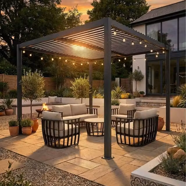 Royalcraft Pure Manual Louvered Roof LED Pergola in Anthracite Grey, W: 400 cm, D: 400 cm