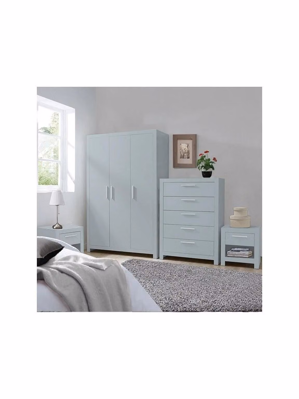 Rio 4 Piece Bedroom Furniture Set in Grey, including 3 Door Wardrobe, 5 Drawer Chest and 2 Bedside Chests