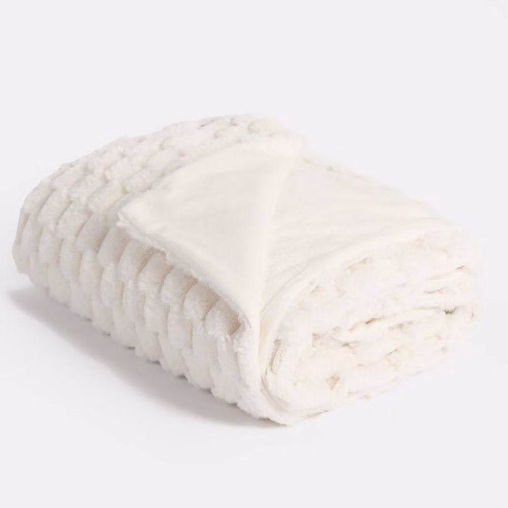 OHS Thick Waffle Faux Fur Soft Fleece Throw Blanket in Beige, W: 160 cm, D: 200 cm – 2