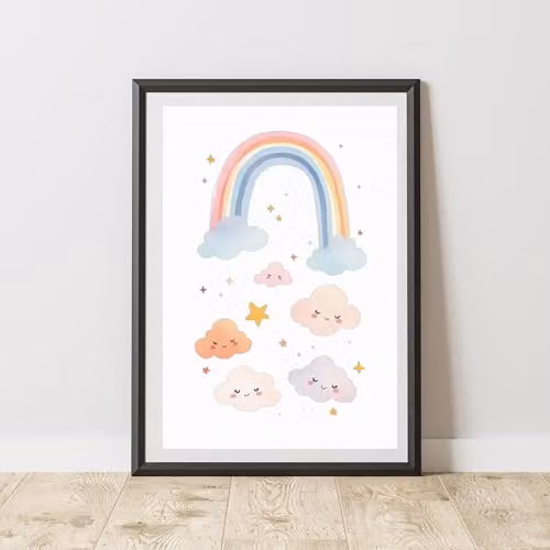 60 Second Makeover Rainbow and Clouds Print Wall Art Poster, Multicolour, A3