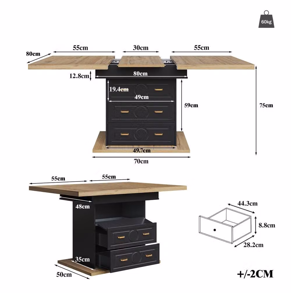 STILVORA Extendable Rectangular Dining Table with Storage and Drawers in Black, H 75 cm x W 110 cm – 3