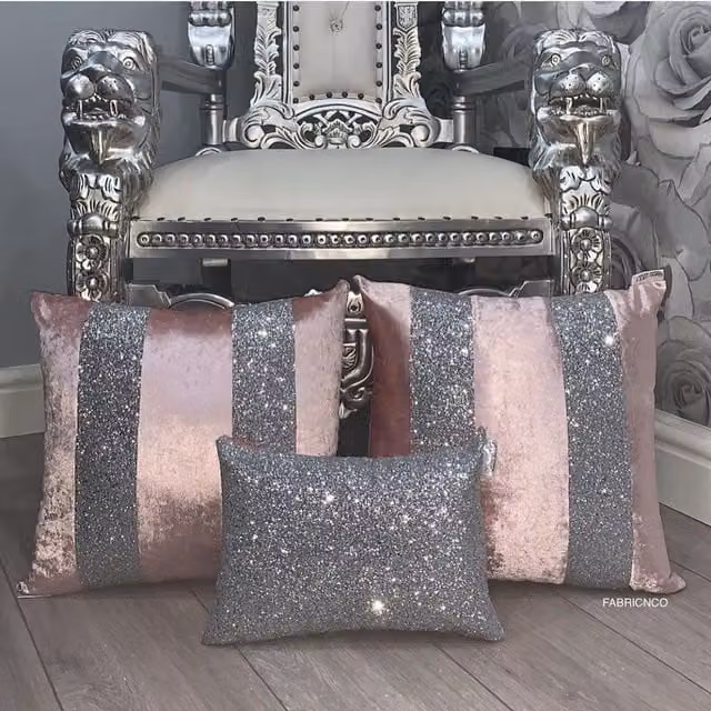 FABRICNCO Pink and Silver Crushed Velvet Glitter Cushion Cover Set