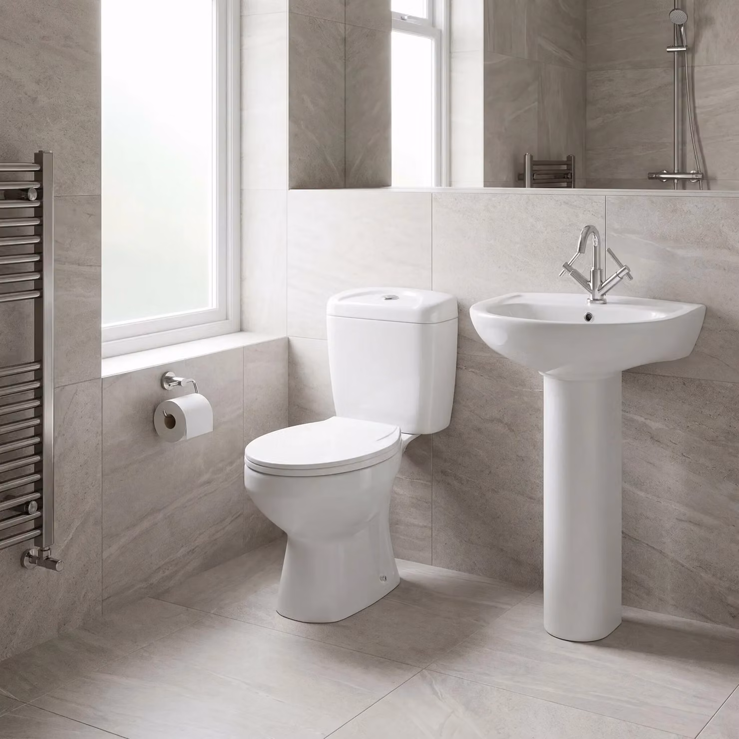 Balterley Adley Close Coupled Dual Flush Toilet with Soft Close Seat and 550mm Full Ceramic Pedestal in White – 2