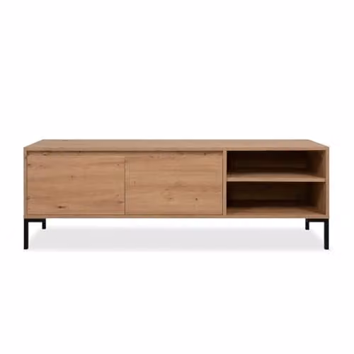 Calicosy TV Stand with 2 Drop-down Doors and 2 Shelves in Light Wood and Brown, Width: 150 cm