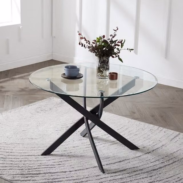 GRS Round Clear Glass Dining Table with 6 Grey Faux Leather Chairs and Black Legs, Diameter: 120 cm, Height: 75 cm