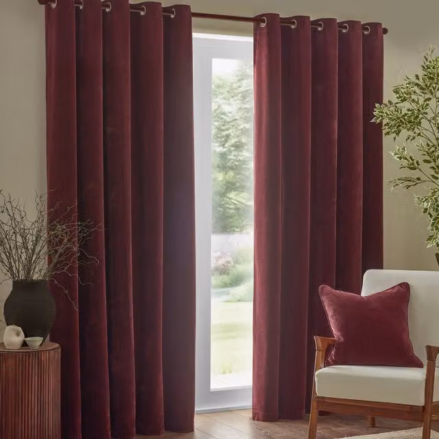 Make It A Home Red Chenille Velvet Room Darkening Eyelet Curtains, Height: 229 cm