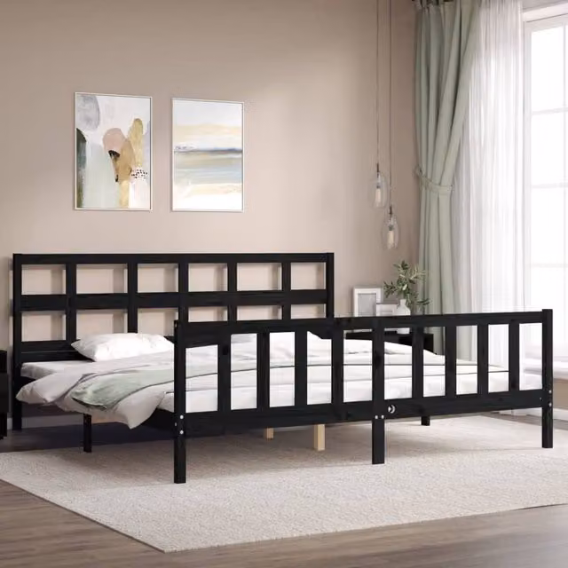 Berkfield Home Beautiful Bed Frame with Headboard in Black Solid Pine Wood W/D/H: 200 x 200 x 205.5 cm