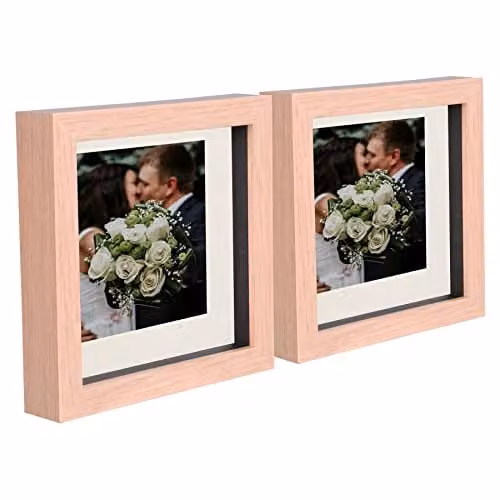 Nicola Spring Pack of 2 Brown and Beige Square 3D Wooden Shadow Box Photo Frames for Hanging or Standing