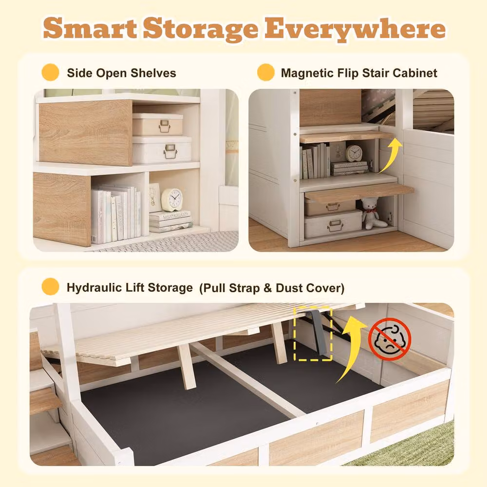 Merax Single over Double Kids Bunk Bed with Hydraulic Storage and Staircase in White and Beige – 3