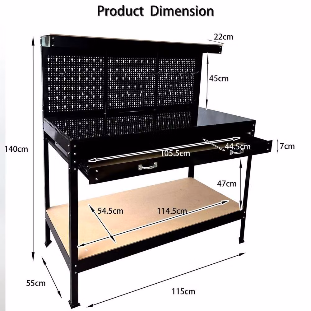 NESTLUNE Metal Garage Storage Workbench with Pegboard and Drawer in Black, W/D/H: 100 x 52 x 140 cm – 2