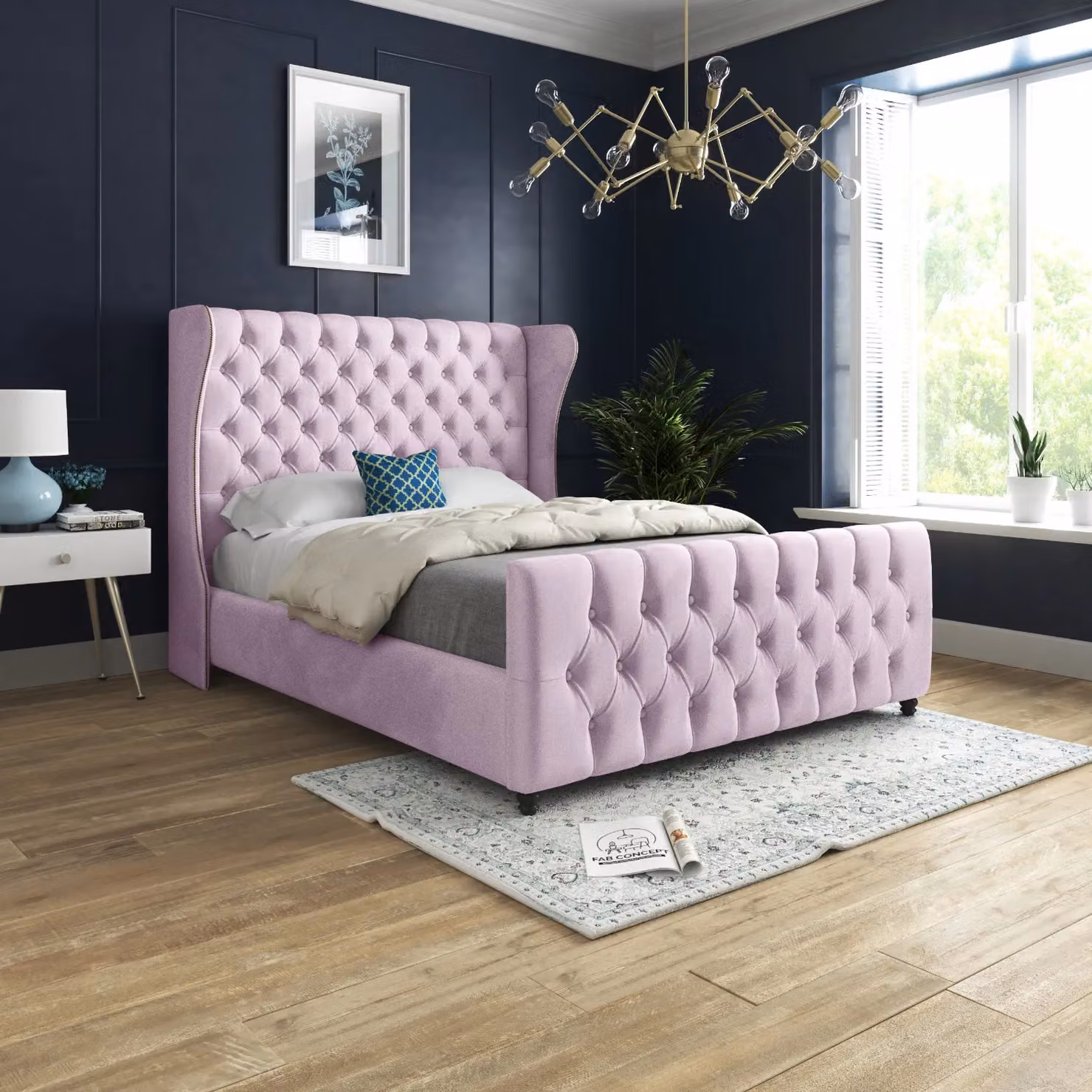 Casani Chesterfield Upholstered Velvet Bed Frame in Pink, W/D/H: 200 x 137 x 189 cm – 2