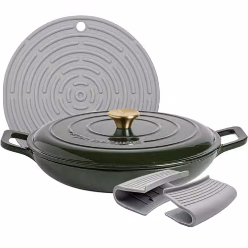 Argon Tableware Enamelled Cast Iron Shallow Casserole Dish with Self-Basting Lid, 2.3 l, Green
