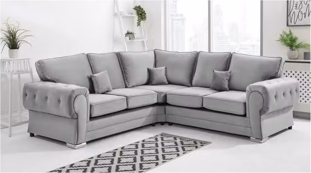 Furniture786ltd VERONA Grey L-Shape Corner Sofa in Plush Velvet Fabric with Scatter Cushions, W: 242 cm, D: 174 cm, H: 90 cm