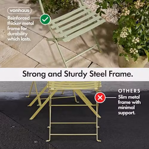 VonHaus Folding Garden Bistro Set for 2, Green Metal Table and Chairs Set – 4