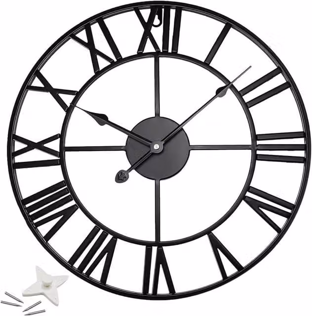 Kelvenix Large Round Roman Analog Metal Garden Wall Clock in Black – 1