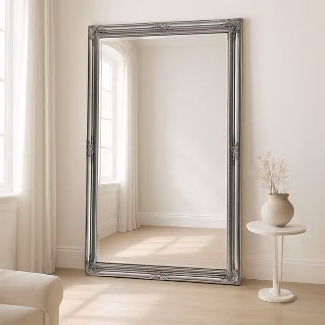 Agenzia 14 Antique Silver Ornate Rectangular Leaner Wall Mirror, H: 168 cm x W: 107 cm