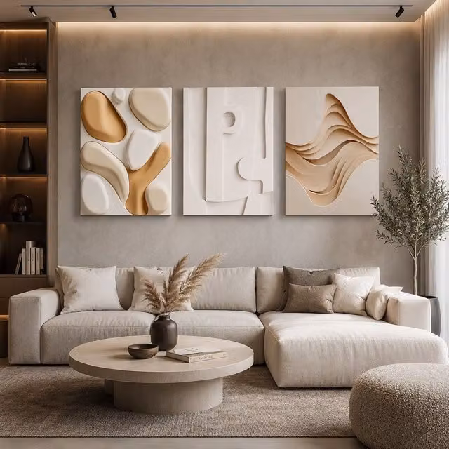 Mafett Set of 3 Beige Abstract Canvas Wall Art Modern Geometric Prints, W: 59 cm, H: 84 cm – 1
