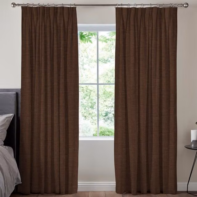 Simply Collection Fae Textured Plain Blackout Eyelet Fabric Panel Curtains in Brown